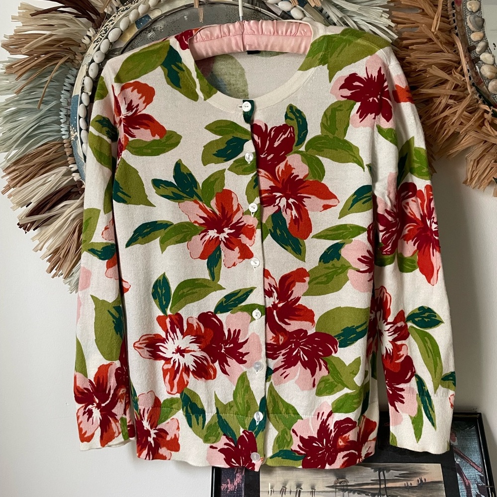 Ann Taylor Factory Cream, Coral and Green Floral Cardigan